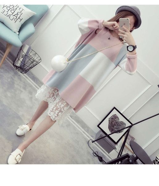 

spring pregnant women's and autumn new core spun yarn long sve medium length lace stitched sweater drs pullover loose bottomed shirt, White