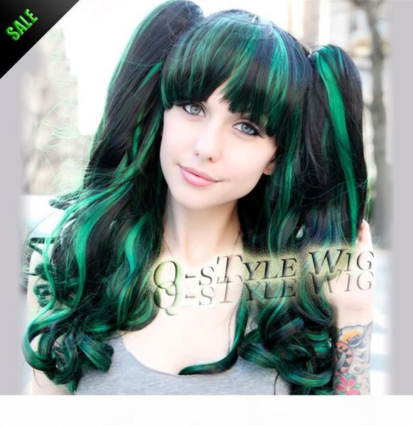 

highlight green mix black color pastel wig, ombre style colorful thick long beautiful magic color wavy hair cosplay wig