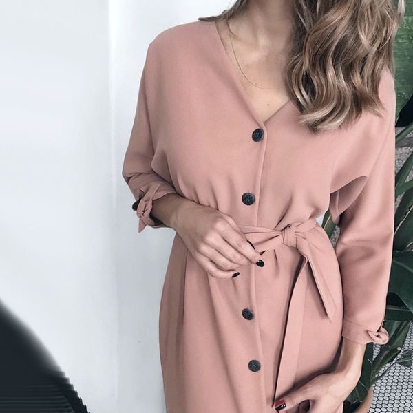 

2020 v neck long sleeve women dress ladies sashes button casual office shirt dress new fashion women midi vintage dresses y0118, Black;gray
