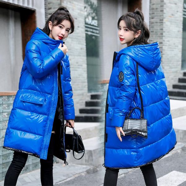 

winter women long parkas fashion thick warm winter pu shiny loose jacket coat oversize parkas solid outwear jacket, Black