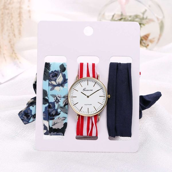 

cloth selling women's watch floral band three piece quartz watch fashion hair band bandage watch, Slivery;brown
