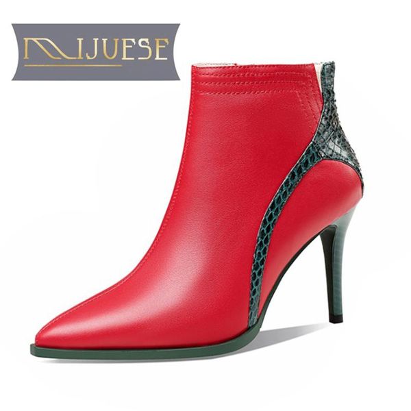 

mljuese 2021 women soft ankle boots cow leather zippers boots winter short plush pointed toe high heels women, Black