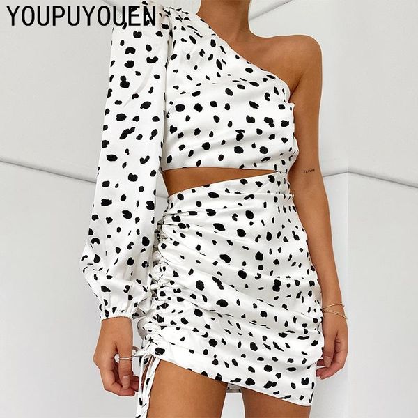 

2021 summer ladies polka dot one shoulder dress fake two piece fashion drawstring ruffled ruched mini backless wrap outfit, Black;gray