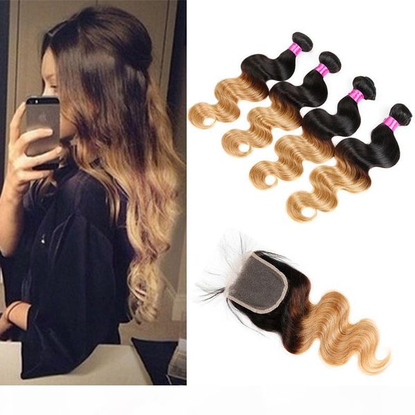 

ombre brazilian virgin hair body wave with closure blonde lace closure with bundles human hair extensions 4 bundles with closure, Black;brown