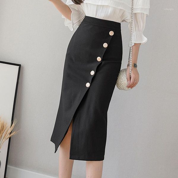 

plus size black pencil skirt women 2020 fashion casual high wiast skirt button slim office ladies korean red skirts jupe1