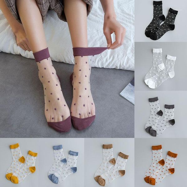 

summer cool vintage breathable transparent ultra-thin women socks dots socks women original soft fashion1, Black;white
