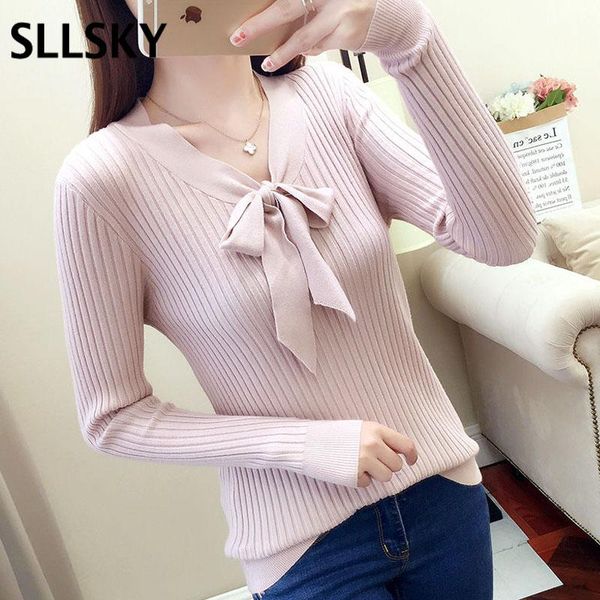 

sllsky 2020 spring autumn new women knitted slim sweaters short solid bow v-neck long sleeve pullovers thin women knit sweater, White;black