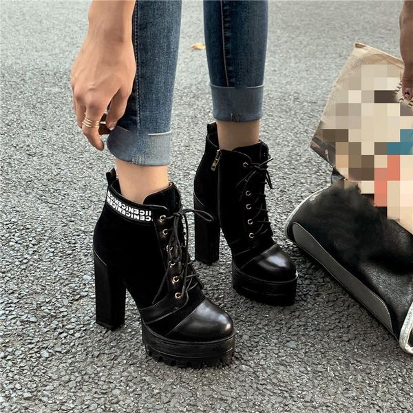 

ymechic lace up letter design motorcycle black boots patchwork high heel womens boots ankle cross tied platfor gothic punk shoes