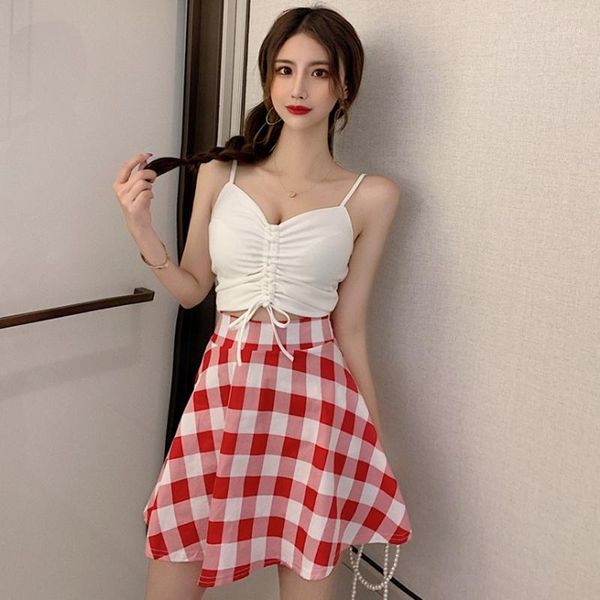 

two piece dress set 2 women outfits lace up bow tie ruched crop + skirt matching sets 2021 summer1, White