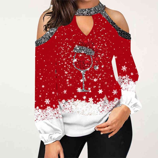 

christmas clothes womens christmas deer printed off-shoulder long sleeve t-shirt lantern sleeves ladies streetwear, White