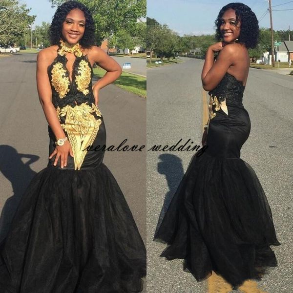 

black mermaid formal evening dresses halter neck gold appliqued lace prom dress arabic aso ebi reception party dress