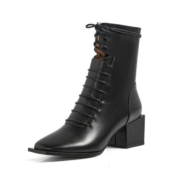

2021 new genuine leather women ankle boots winter square toe thick heels pumps party office lady lace up shoes woman tdko, Black