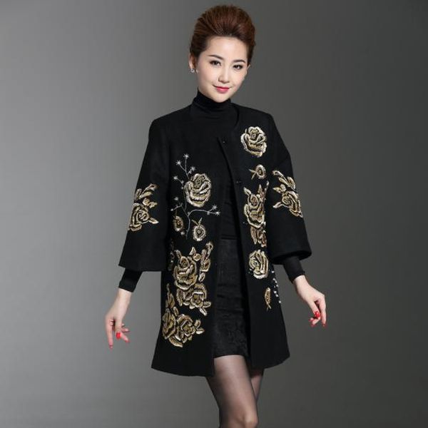 

women's wool & blends middle-aged coat autumn and winter clothing embroidery thick woolen black red embroidered m to 4xl da299