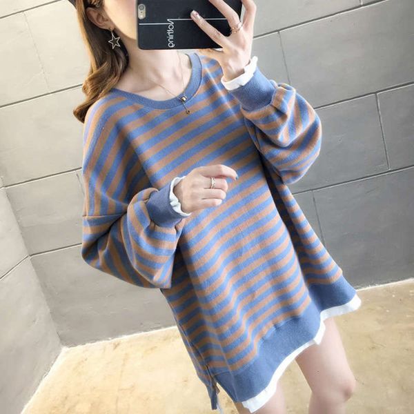 

super stripe ~autumn fire cec new sweater loose korean fake two piece women's coat, Gray