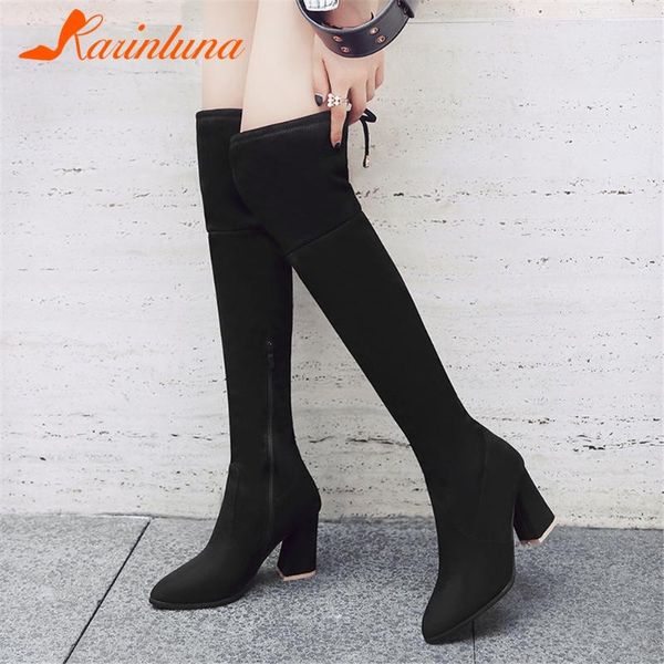 

fashion new brand design autumn winter woman shoes lace-up flock over-the-knee boots zip pointed toe thick heels, Black