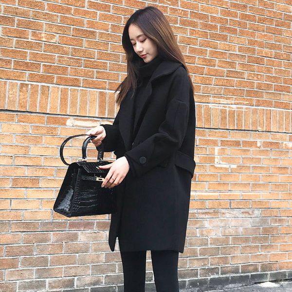 

korea fashion autumn winter woolen coat turn-down collar loose casual long black coats single button jackets plus size coat d333x1020