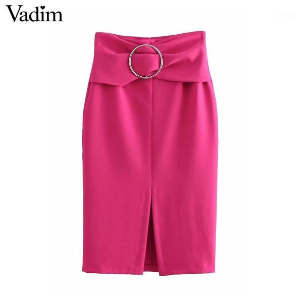 

vadim women high waist solid midi skirt faldas mujer back zipper sashes decorate split office lady chic mid calf skirts ba3781, Black