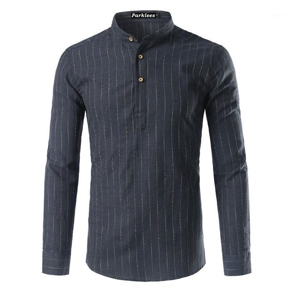 

new striped linen henley shirt men 2019 spring autumn fashion mens slim fit long sleeve stand collar shirts chemise homme 3xl1, White;black