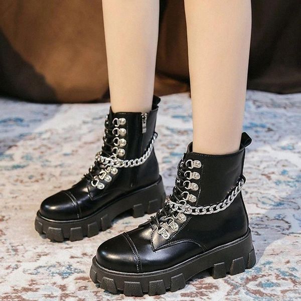 

rimocy punk metal chain pu leather ankle boots for women 2020 black ladies chunky platform boots gothic rivet shoes woman autumn #jt2x