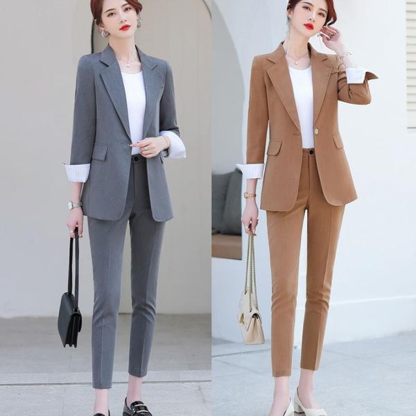 Calças de duas peças femininas Chegada de calça de calça para mulheres Blazer cinza e conjuntos de jaquetas