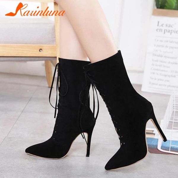

karin 2020 new spring ladies high thin heels boots women mature pointed toe boots black lace-up mid-calf shoes woman