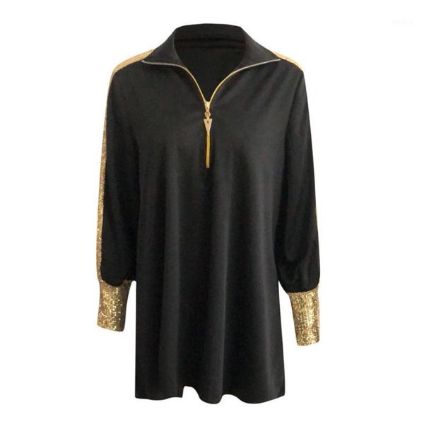 

t-shirts women sequins patchwork loose letter stand zipper design long sleeve v-neck fashion vintage black spring pullover #zd1, White