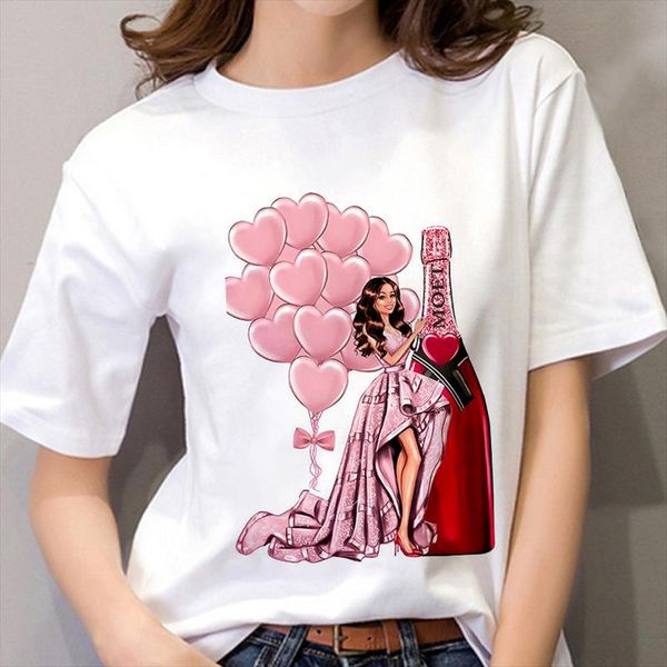 

summer women t shirt fashion beauty champagne pattern printing tshirt harajuku leisure streetwear female clothing tshirt drop shipping, White