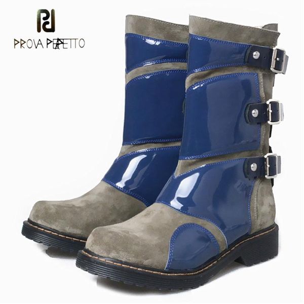 

prova perfetto rivet short martin boots for women belt buckle mixed color genuine leather muffin heel knight boots mujer zapatos, Black