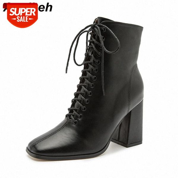 

aneikeh 2021 new spring/autumn classics pu punk boots cross-tied patchwork sewing zipper women's mid-calf square toe party shoes #ud3b, Black