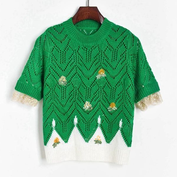 

high street hollowed out from will see short sleeves sequins female flowers loose pullovers the neck-0ozn, White;black