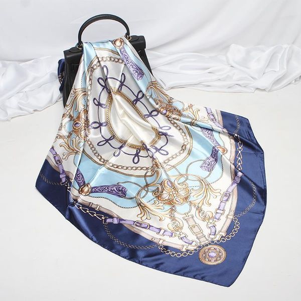 

scarves silk women foulard 90*90cm square head scarf ladies shawl wrap muffler pareo bandanna female chiffon hijab poncho, Blue;gray