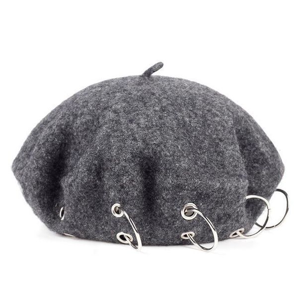 

berets winter harajuku women gilr punk rock style iron rings beret caps retro wool hats black woolen painter, Blue;gray