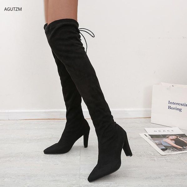 

women overknee boots high heels boots woman zip shoes 2020 solid casual leather comfortable thigh high shoe knight, Black