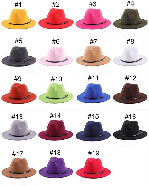 

19 colors women's fedora hat for gentleman woolen wide brim jazz church cap band wide flat brim hats stylish trilby panama caps, Yellow