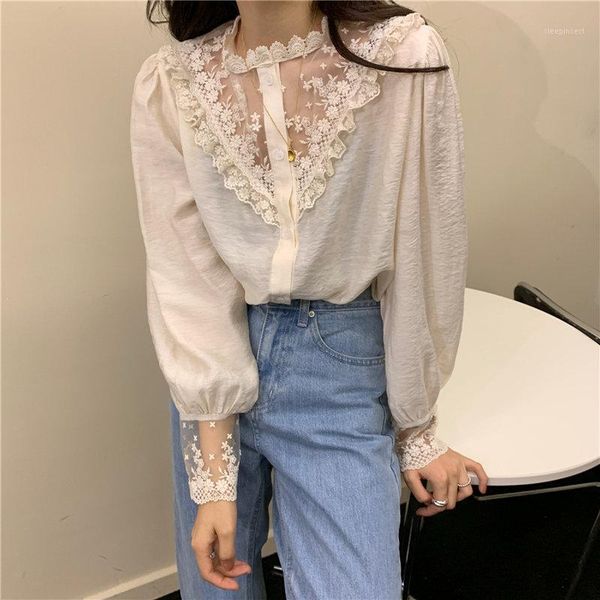 

2021 large size lace elegance stand office lady chic sweet gentle korean elegant full-sleeved all match shirts1, White