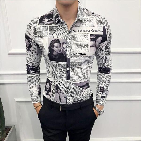 

luxury newspaper mens dress shirts us size hawaiian shirt long sleev casual slim fit casual shirts for men 20201, White;black