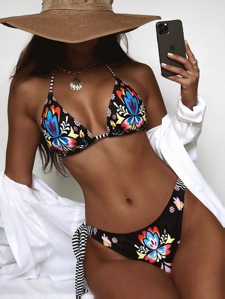 

plant print tie side bikini swimsuit u8up#, White;black
