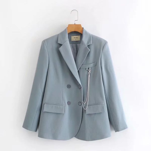 

2021 new women elegant blazer chain decorate long sleeve double breasted coat office work suit jacket outerw, White;black