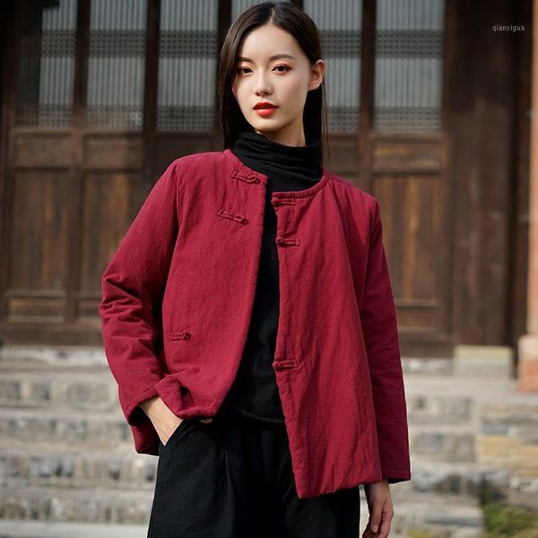 

johnature 2020 winter women new o-neck plate buckle retro thickened cotton coats loose comfortable long sleeve all-match coat1, Black