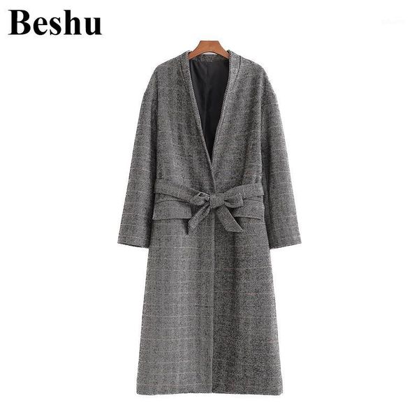 

2019 fashion woolen coats women grey tweed warm cardigan with belt big pockets woolen coat elegant simple long sleeve outwear1, Black