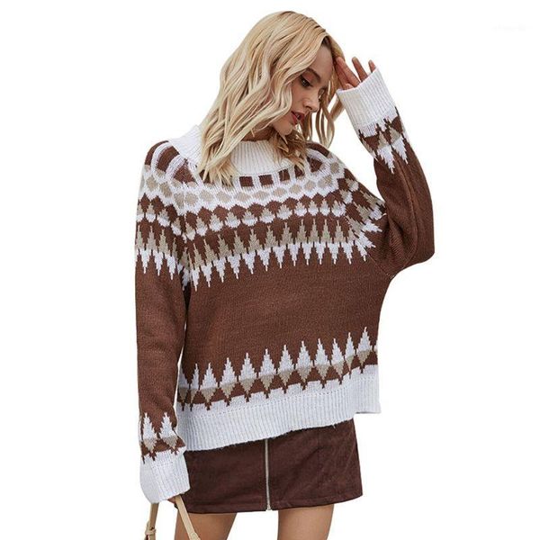 

women long sleeve geometric striped sweater stand collar knit loose jumper f42f1, White;black