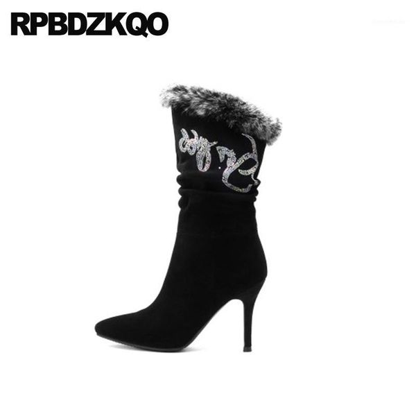 

boots stiletto high heel pointed toe shoes 2021 big size mid calf brand women winter genuine leather black short suede ladies 101