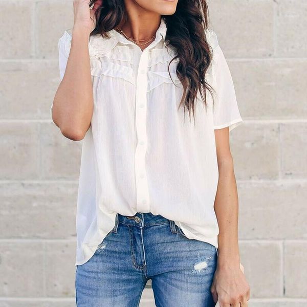 

womens summer white chiffon shirts blouse ladies short sleeve ruffle solid loose high street shirt blouses 2019 office1
