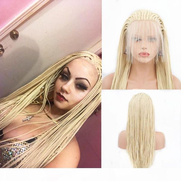 

micro braided gold blonde 613 long synthetic hair lace front wigs heat resistant fiber replacement wigs with baby hair for women, Black
