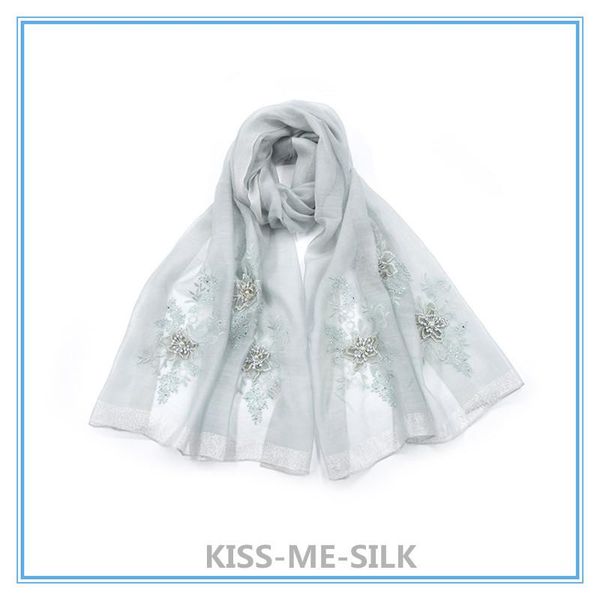 

scarves kms solid silk wool three-dimensional embroidery scarf pearl embroidered shawl for women 75*200cm/100g, Blue;gray