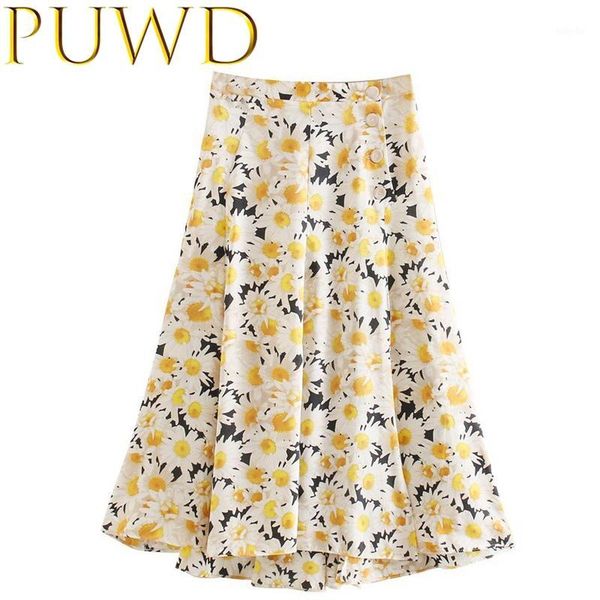 

puwd 2020 spring and summer small daisy side slit high waist skirt middle skirt small fresh printing temperament leisure1, Black