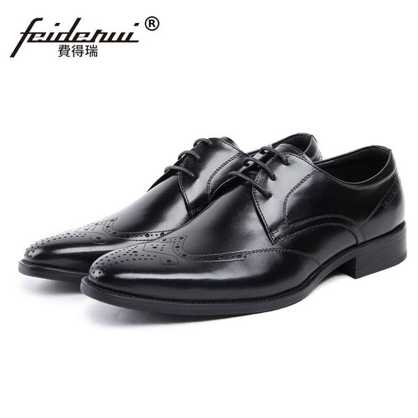 

new vintage formal man breathable party wedding shoes genuine leather pointed toe handmade carved men's brogue footwear js42, Black