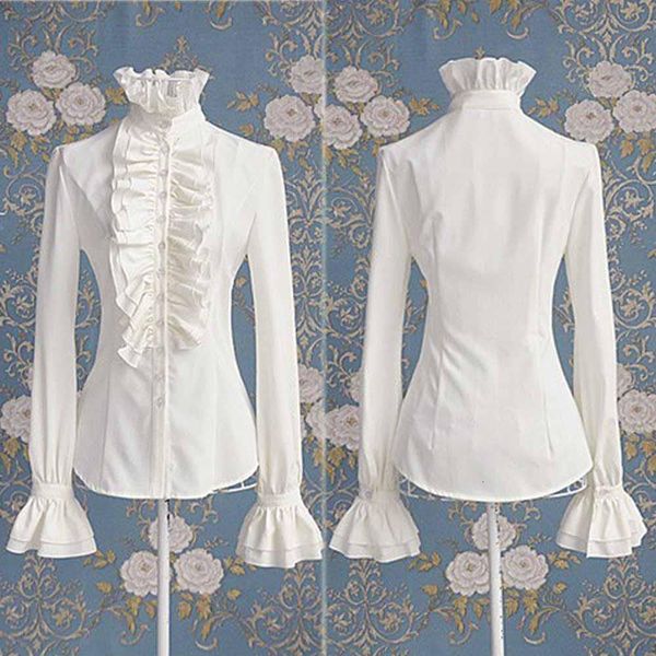 

women retro blousers ruffles lolita floral stand collar shirt medieval blouses gothic lolita blouse victorian women ladies shirt, White