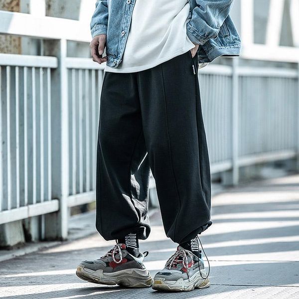 

wide leg pants men's clothes drawstring overalls loose versatile cargo pants jogger trousers oversized hiphop harajuku japanese, Black