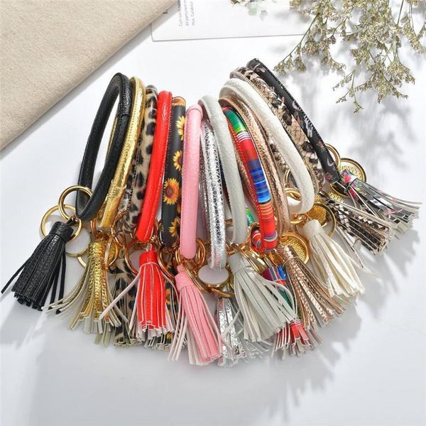 

enamel pu leather o keychain for women girls fashion multiful tassel key chain round bag car pendant wristlet keyring gifts1, Silver
